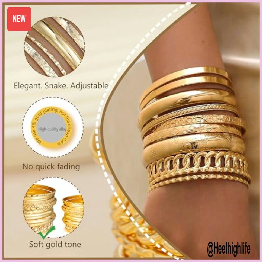 14k Gold Plated Stackable Bangle Set, 10 Chunky T… - image 5